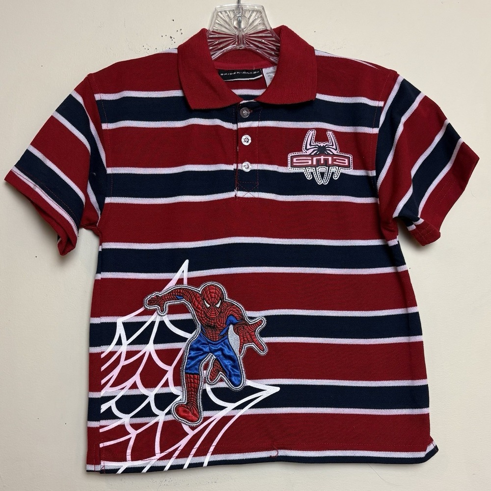 VTG Spider-Man 3 Movie Promo Polo Shirt Youth 7X Red Stripes Marvel Y2K 2007